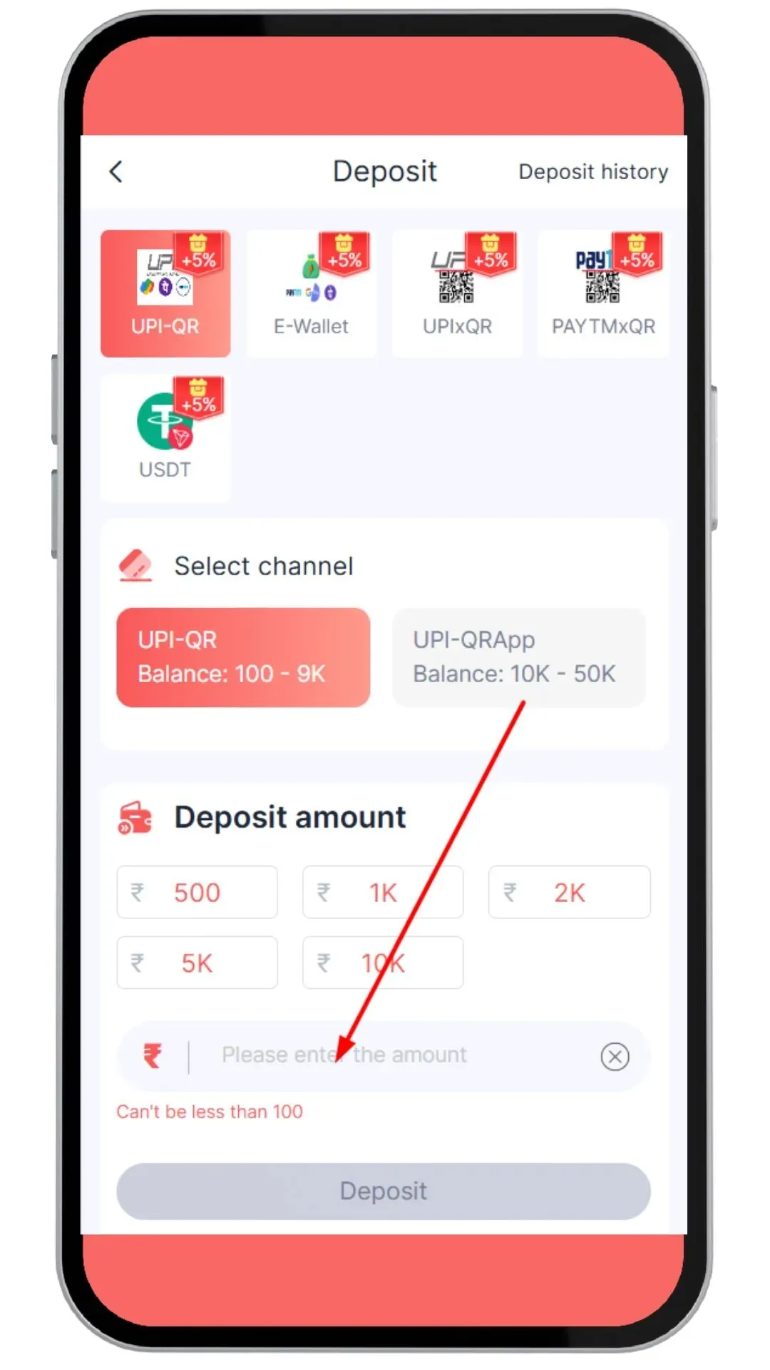 Enter deposit amount